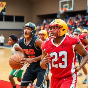 High school athletes competing in basketball and football in Detroit.