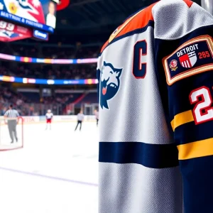 Detroit Red Wings new Centennial uniform displayed in a hockey arena