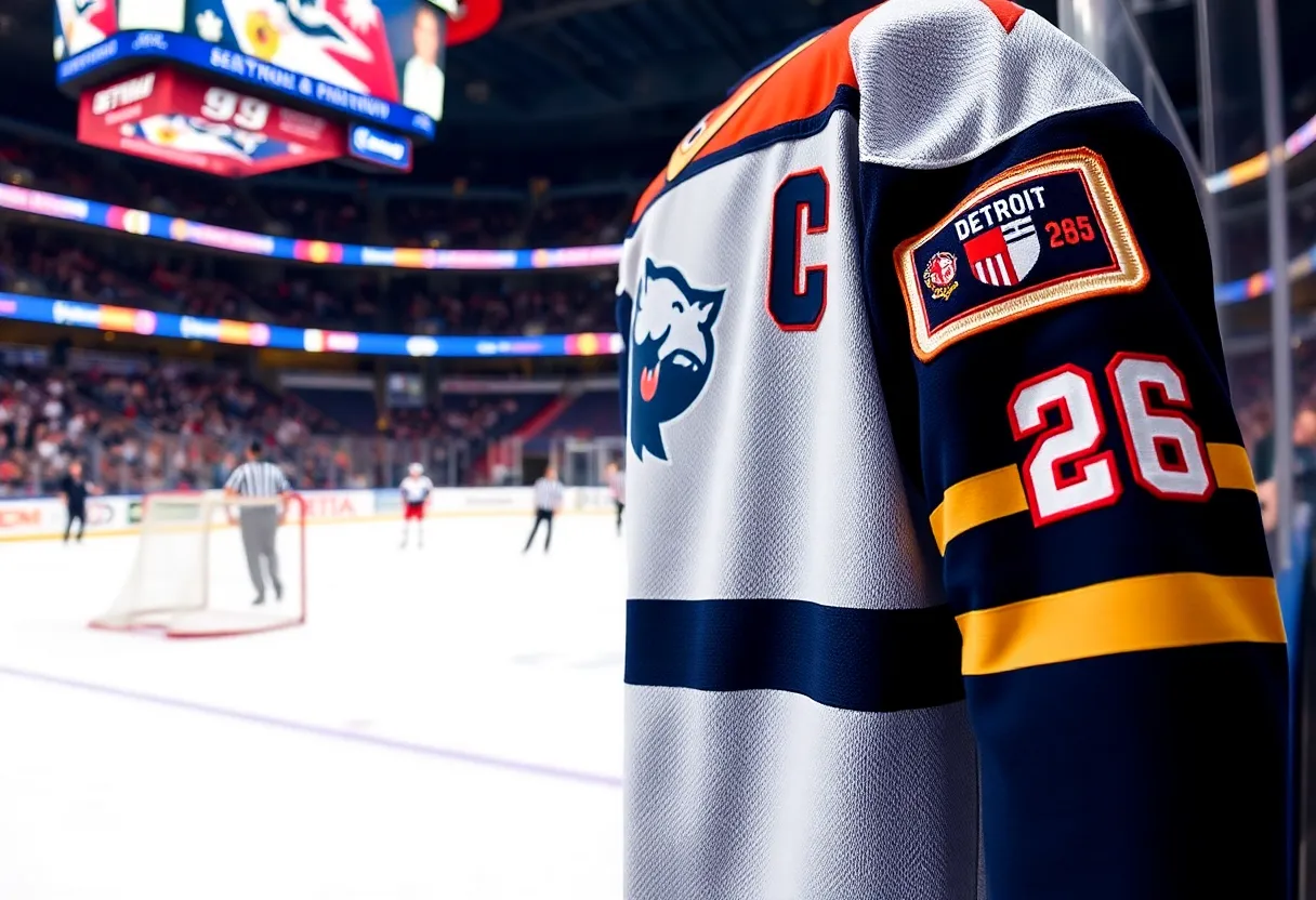 Detroit Red Wings new Centennial uniform displayed in a hockey arena
