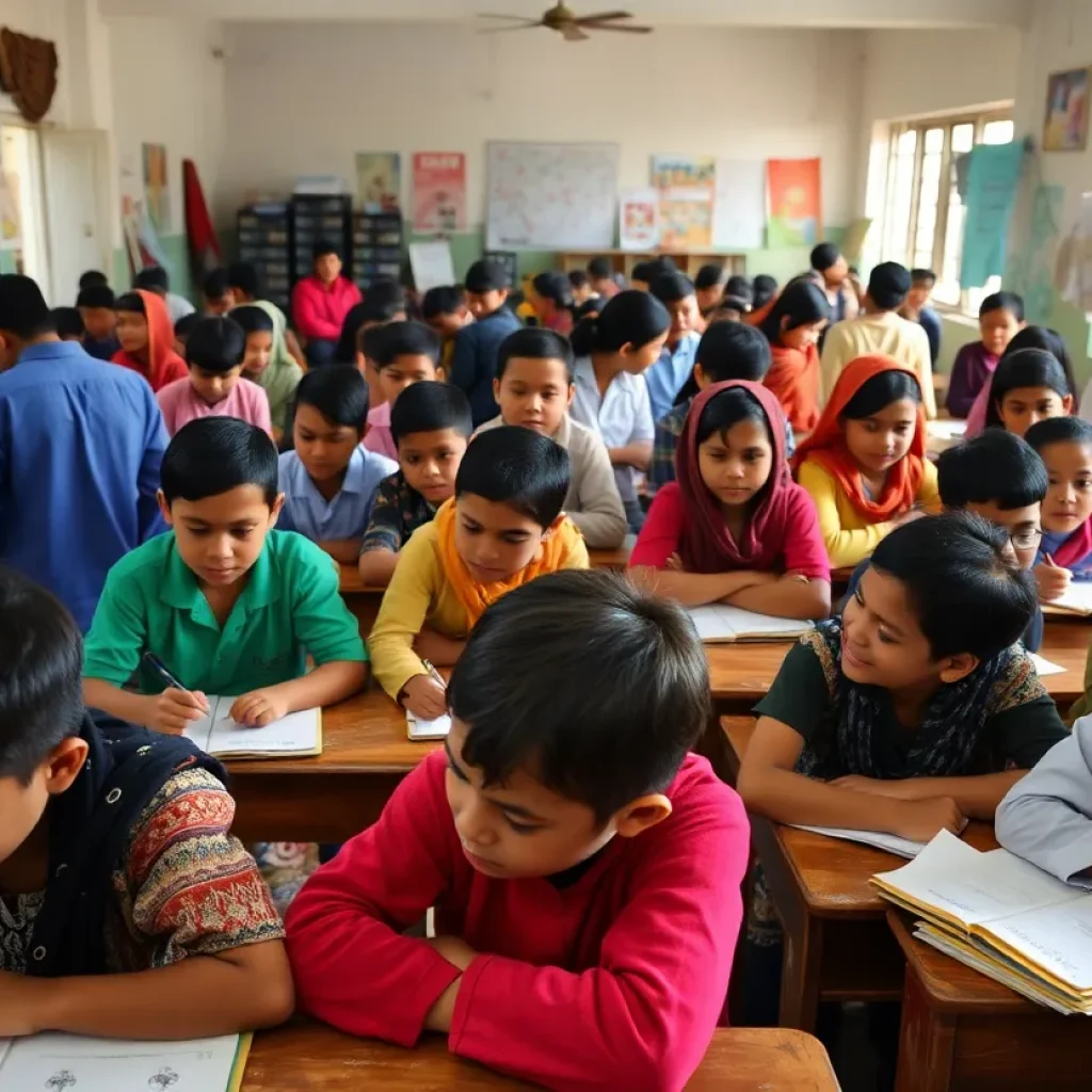 Students in a crowded classroom at a Detroit school facing budget cuts