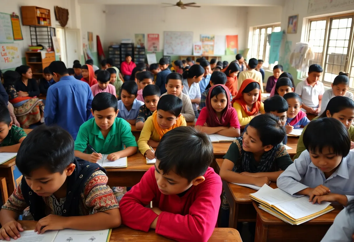 Students in a crowded classroom at a Detroit school facing budget cuts