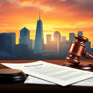 Illustration of Detroit skyline with law symbols