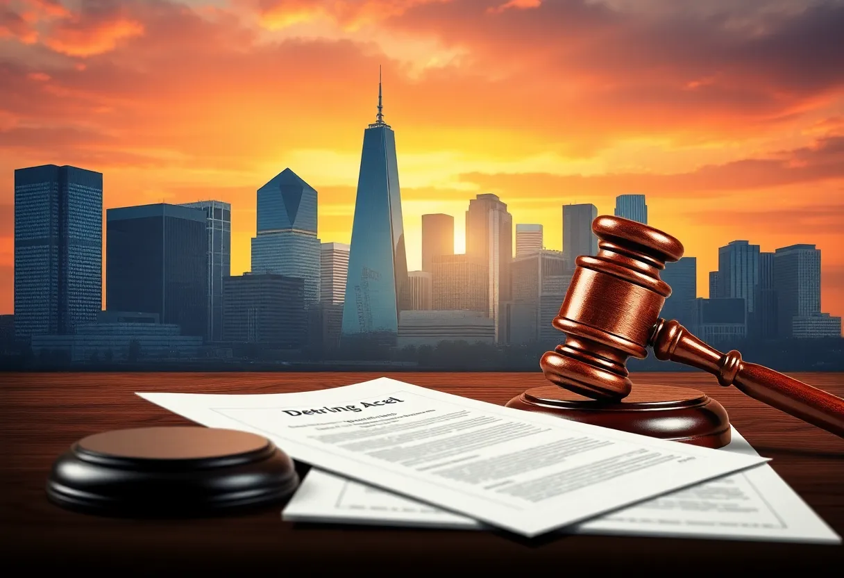 Illustration of Detroit skyline with law symbols