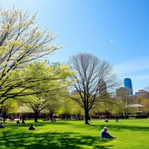 People enjoying a sunny day in a Detroit park