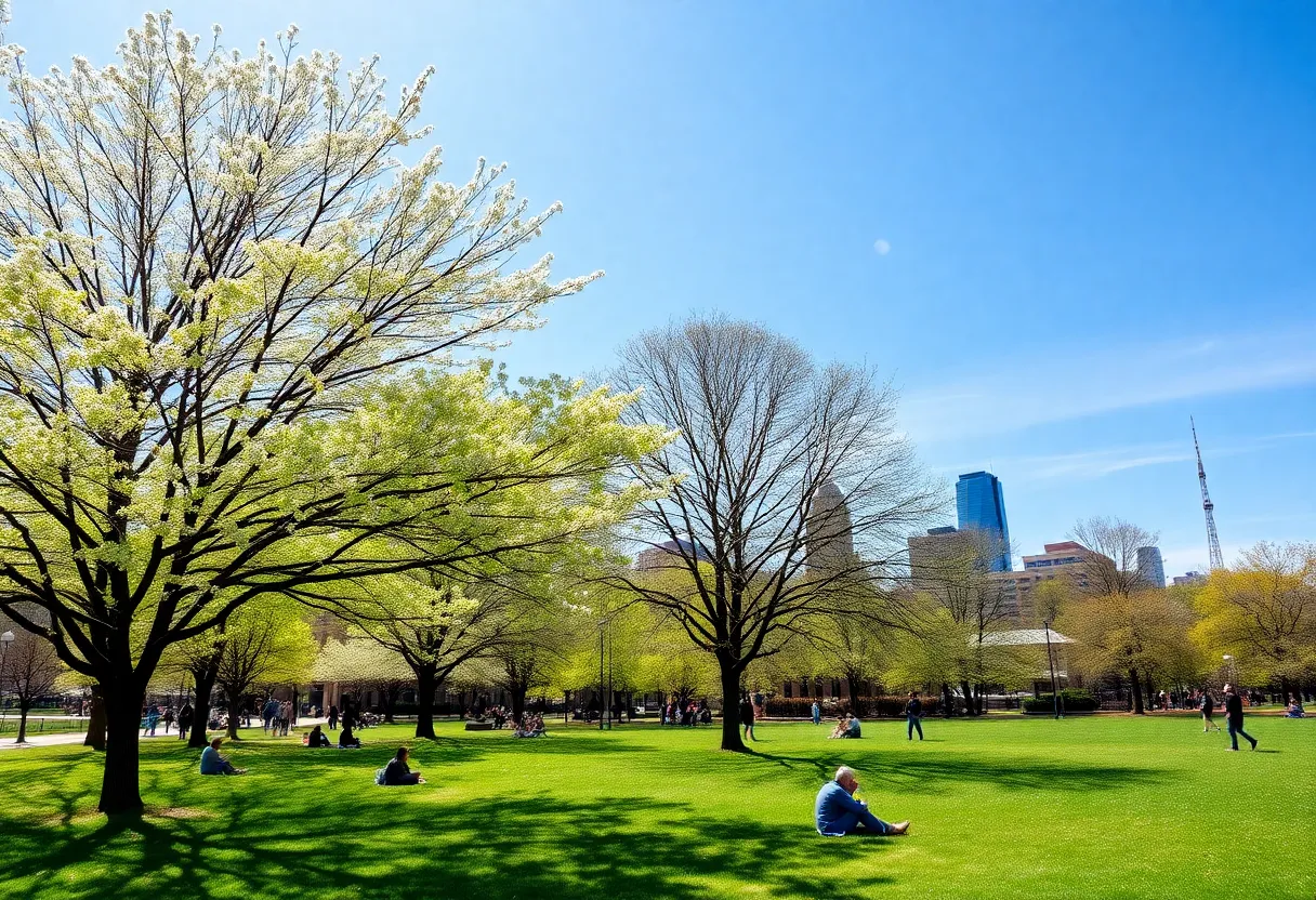 People enjoying a sunny day in a Detroit park
