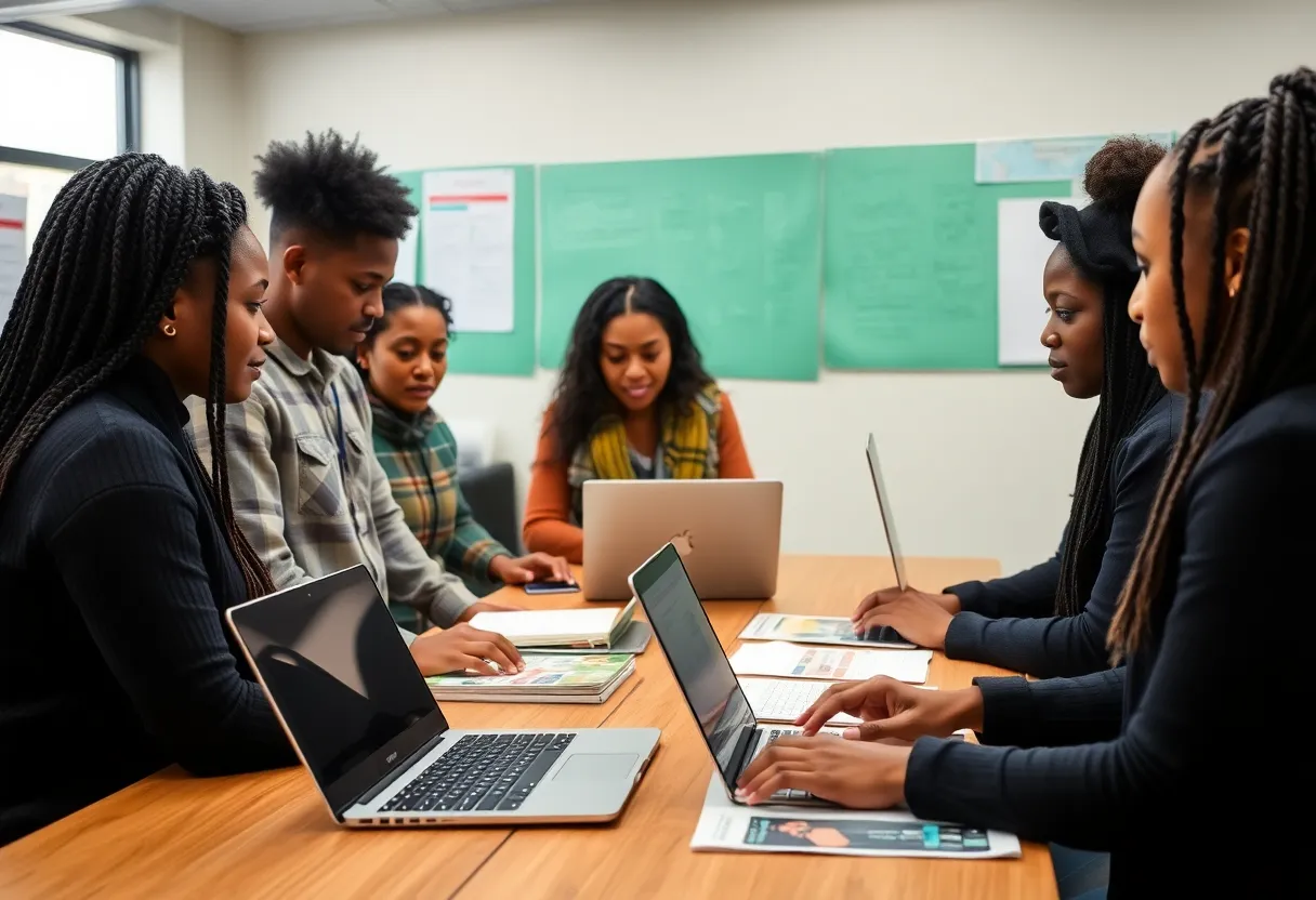 Community members engaging in tech support at a Detroit resource center