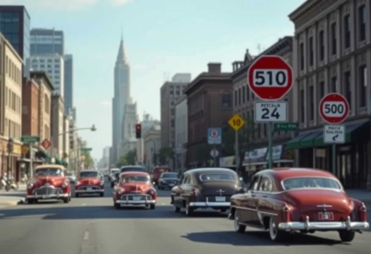 A merged historical and modern view of Detroit streets emphasizing traffic safety