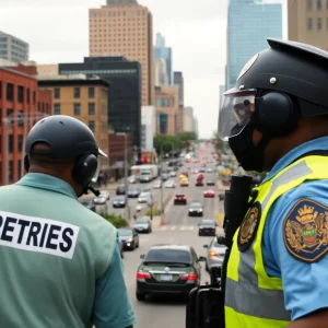 Overview of Detroit's cityscape showcasing urban life and safety themes.