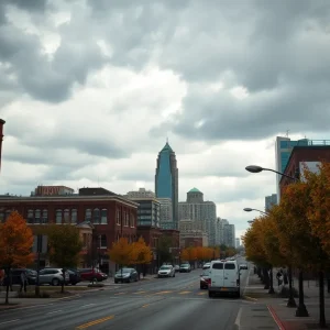 Cloudy skies over Detroit with autumn leaves