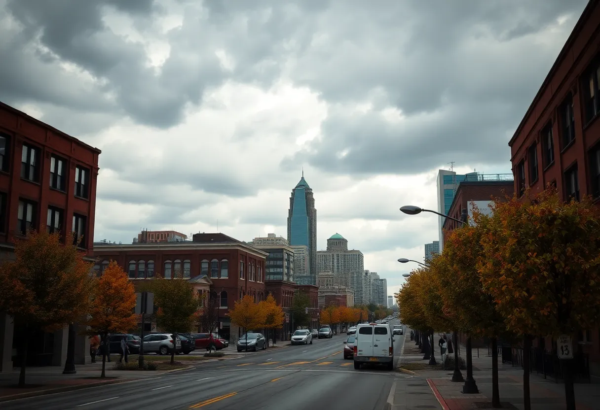 Cloudy skies over Detroit with autumn leaves