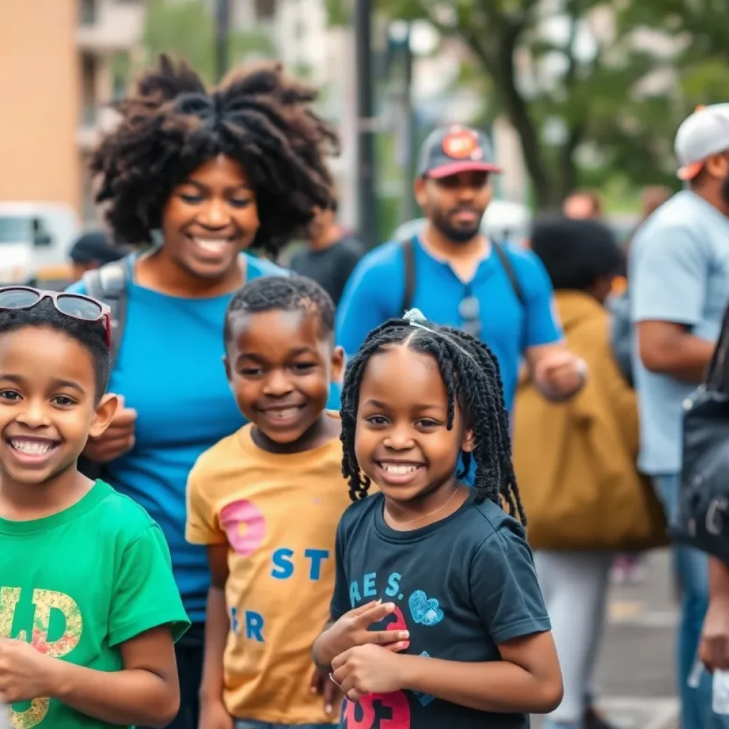 Community event in Detroit with diverse families and children engaged in activities.