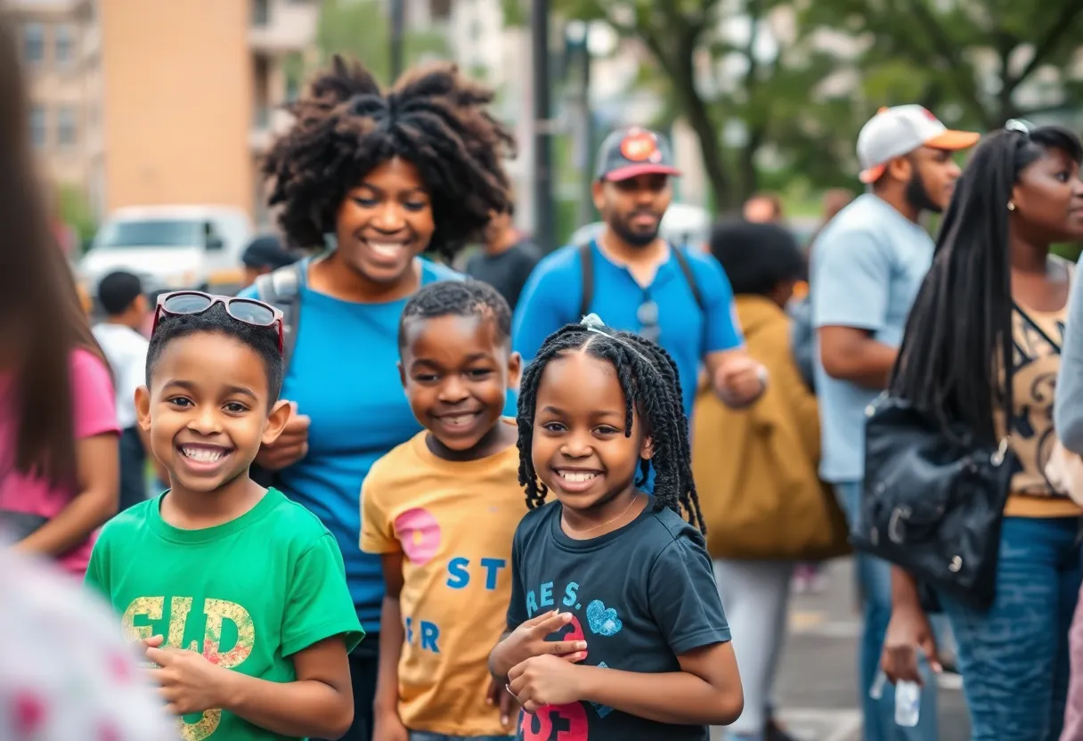 Community event in Detroit with diverse families and children engaged in activities.