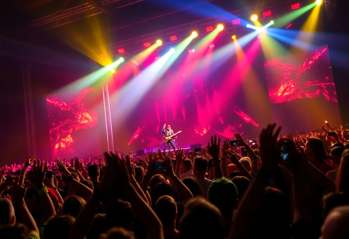 Fans enjoying a Doja Cat concert with colorful lights
