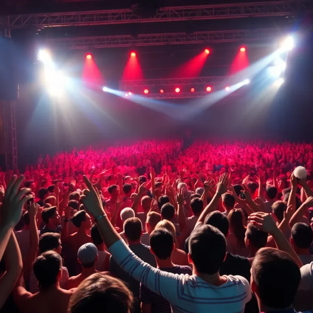 Audience enjoying a music concert with bright lights