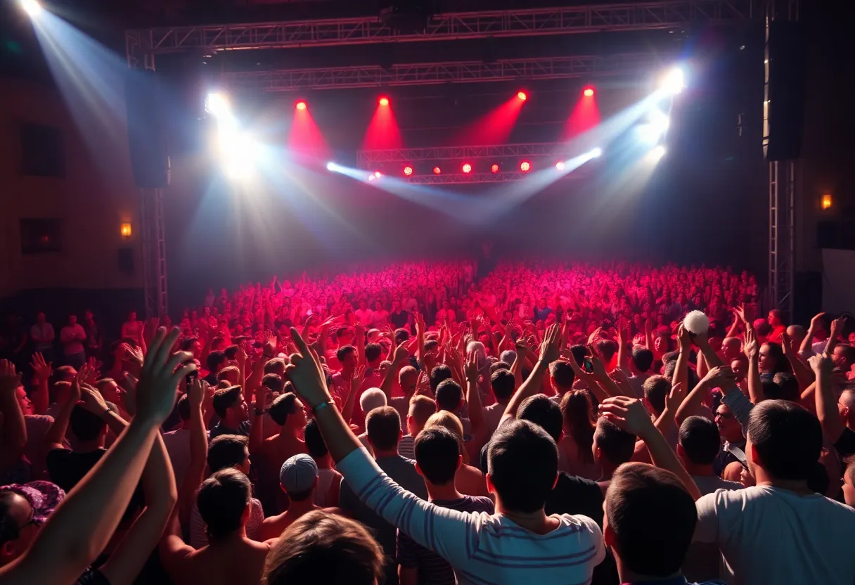 Audience enjoying a music concert with bright lights
