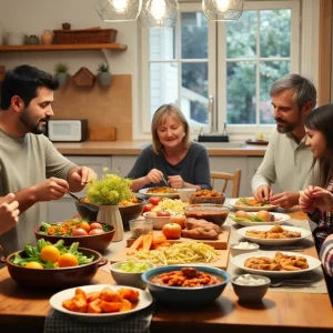 A welcoming dining table with assorted dishes representing family gatherings