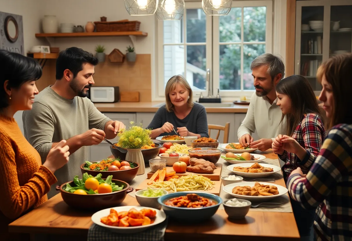 A welcoming dining table with assorted dishes representing family gatherings