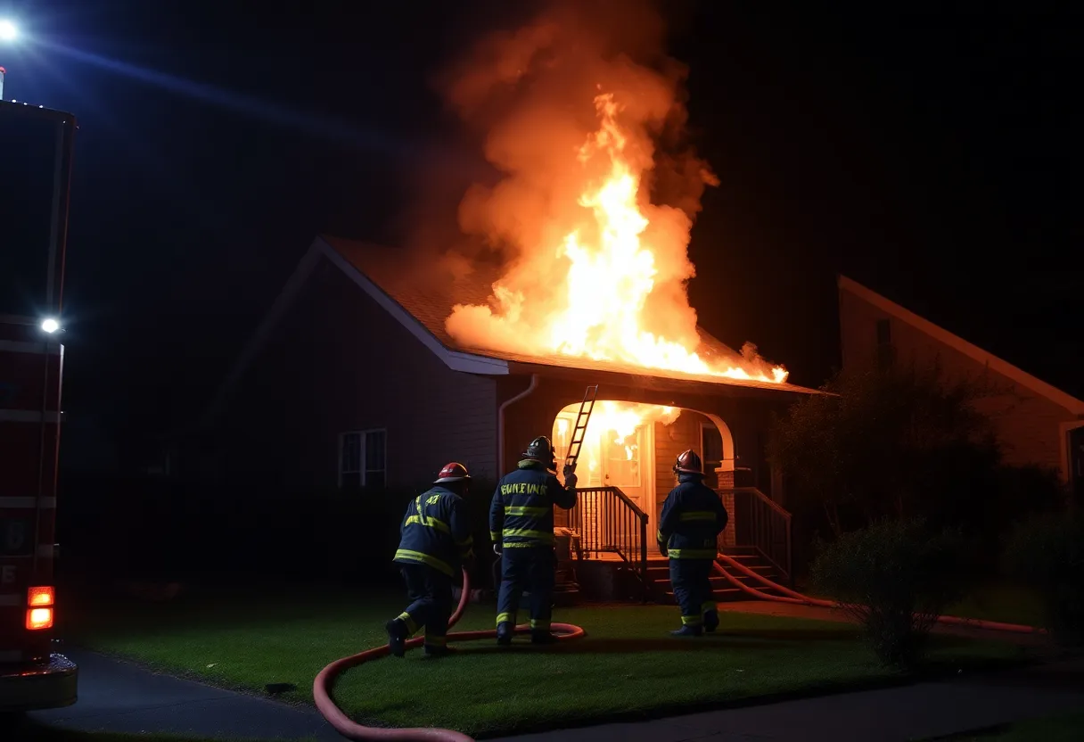 Firefighters extinguishing flames at a house fire in Detroit