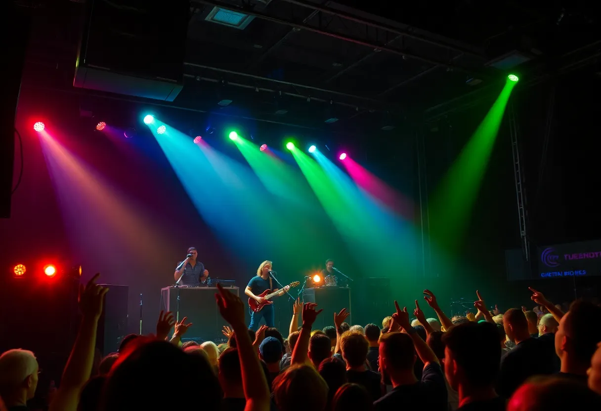 Garbage band performing live on stage with vibrant lights and energetic audience.