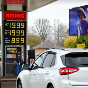 A gas station in Michigan displaying high gas prices with cars refueling.