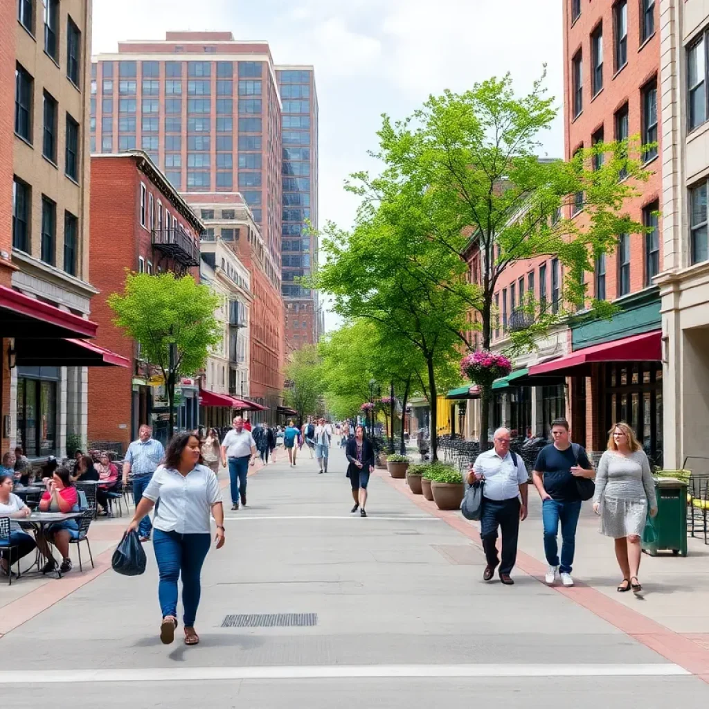 Urban redevelopment in Greektown with pedestrians and outdoor dining