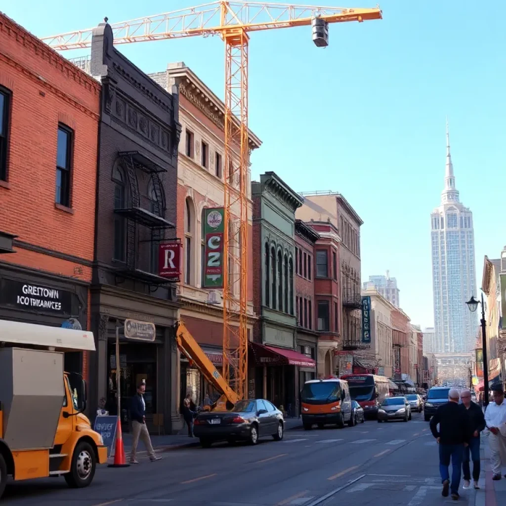 Construction scene in Greektown with pedestrians and local businesses