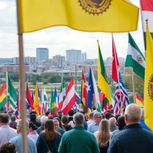 Diverse community members gathered in Hamtramck with cultural flags.