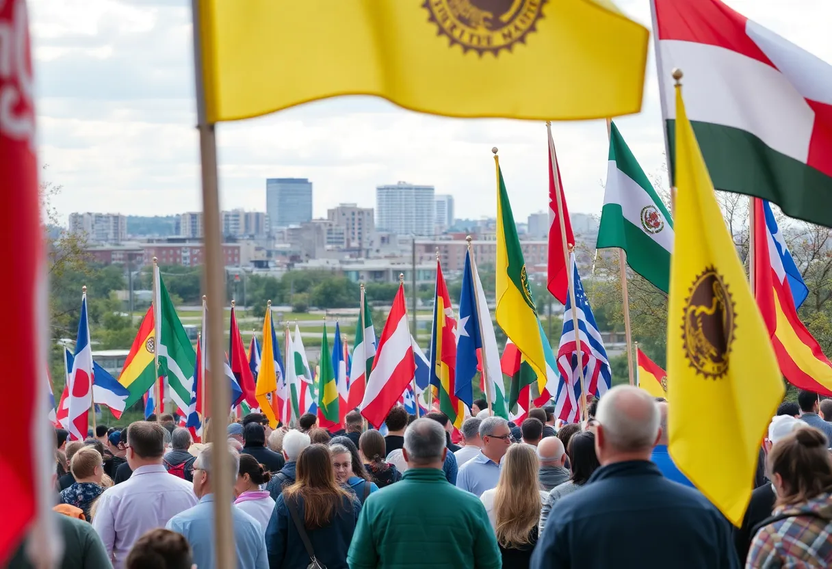 Diverse community members gathered in Hamtramck with cultural flags.