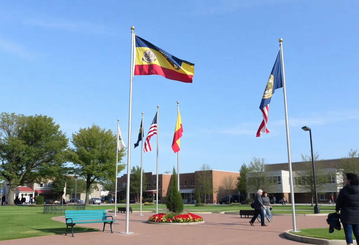 Public flagpoles in Hamtramck showing official flags