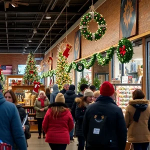 A vibrant Michigan retail store filled with holiday shoppers and decorations
