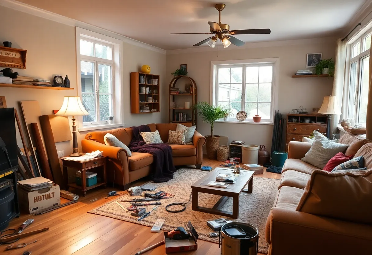 Cozy living room in the process of renovation with tools around.