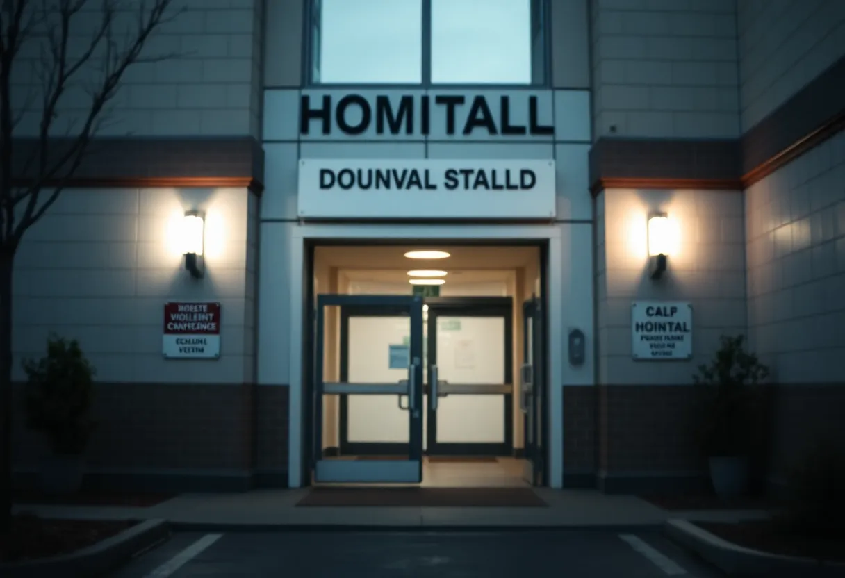 Somber hospital entrance symbolizing domestic violence awareness