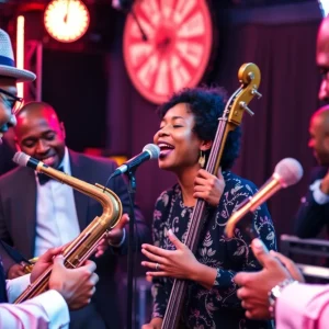 Jazz musicians performing together in a lively setting