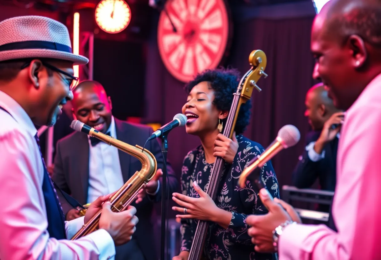 Jazz musicians performing together in a lively setting