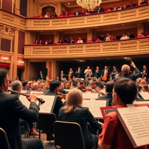 A vibrant concert scene featuring Jeezy performing with an orchestra at Fox Theatre