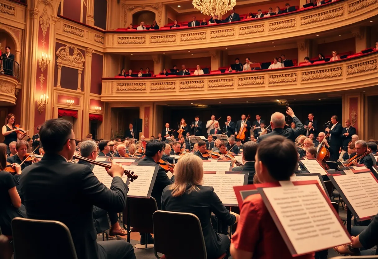 A vibrant concert scene featuring Jeezy performing with an orchestra at Fox Theatre