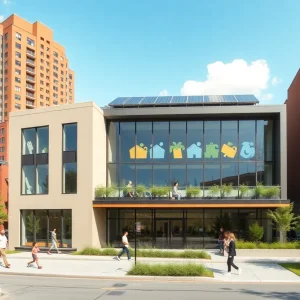 Rendering of the new Kresge Foundation headquarters in Detroit with solar panels.
