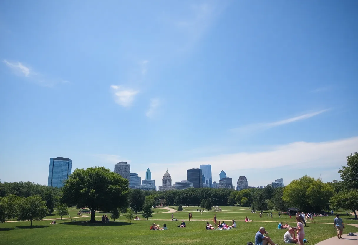 People enjoying outdoor activities in Metro Detroit parks under clear skies.