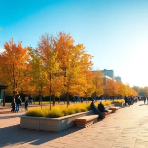 Outdoor scene in Metro Detroit with clear skies and people enjoying activities.
