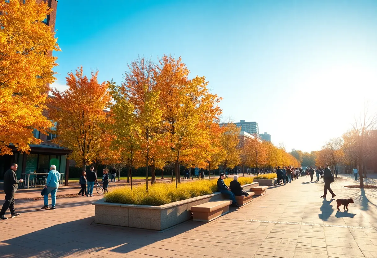 Outdoor scene in Metro Detroit with clear skies and people enjoying activities.