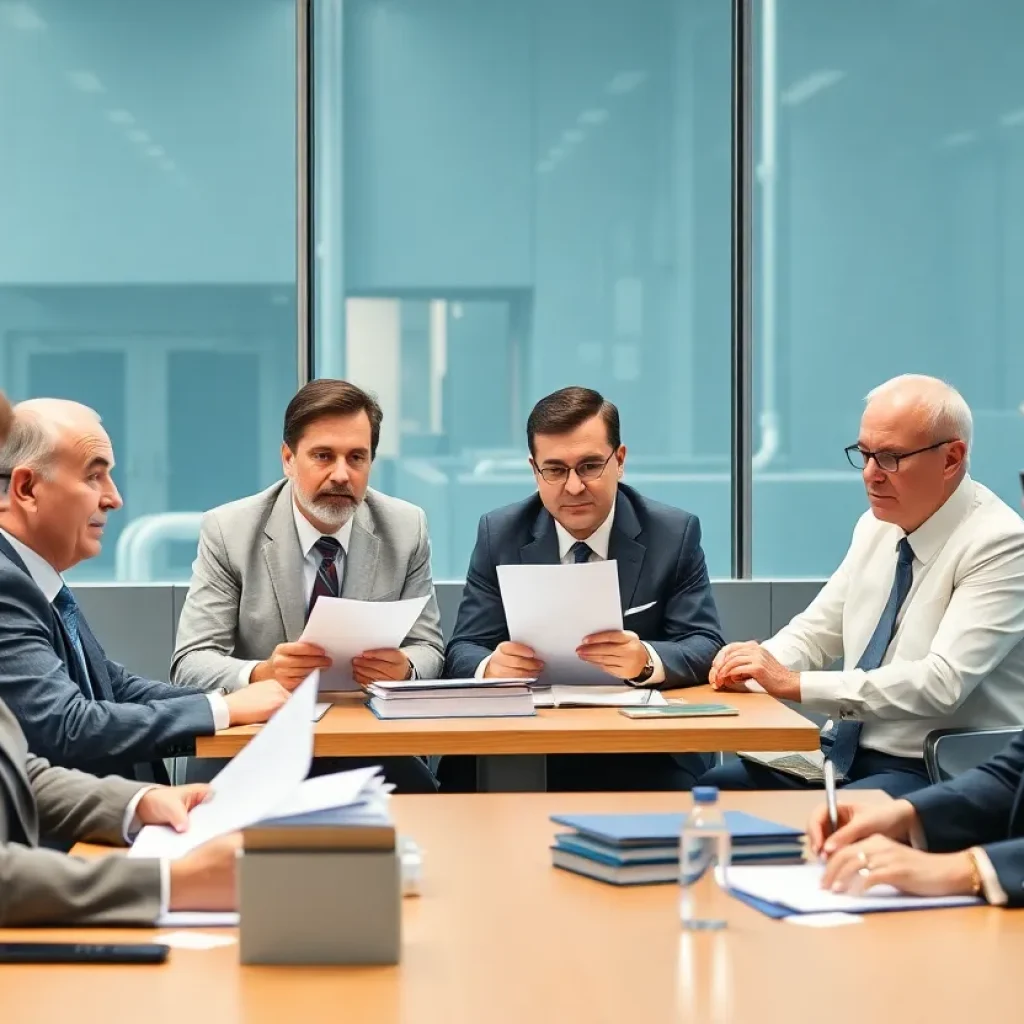 Legislators discussing budget agreement in a meeting