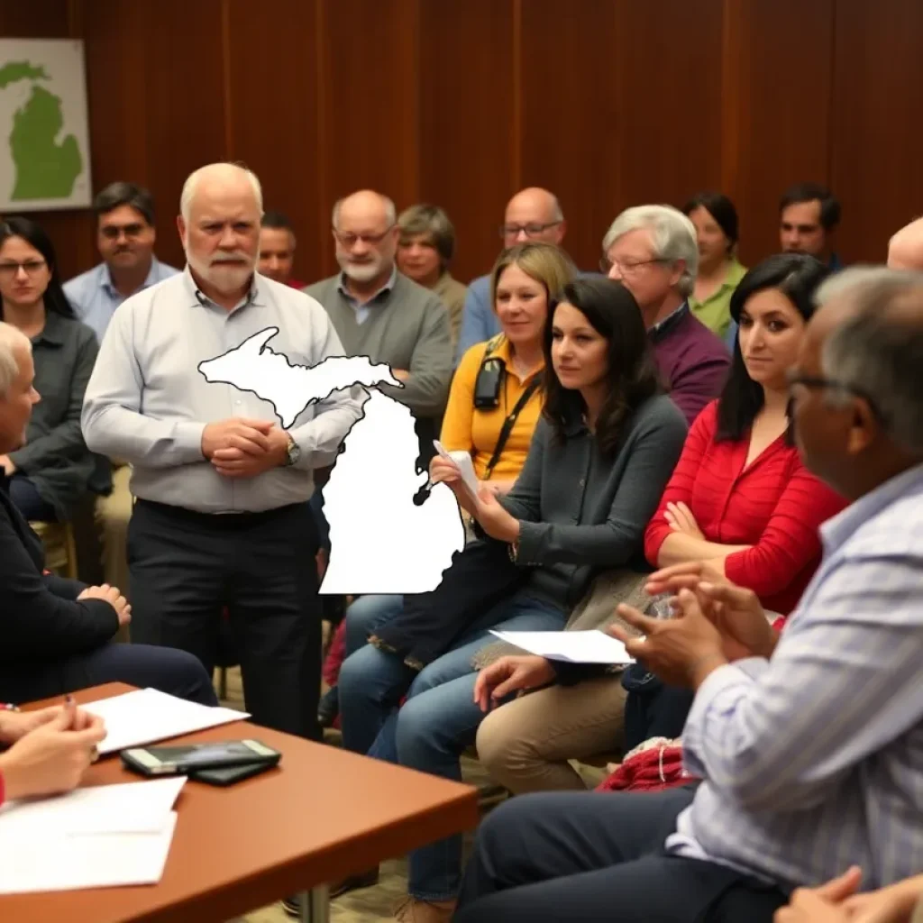 Community meeting discussing Michigan budget negotiations