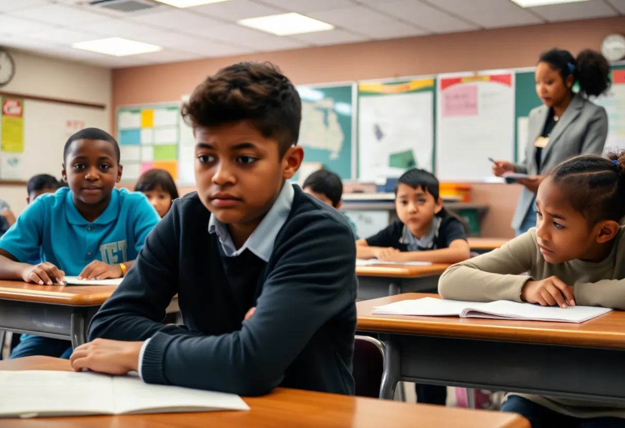 Students in a Michigan classroom showing concern over educational resources amidst budget cuts