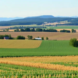Vibrant agricultural landscape in Michigan featuring crops and hills