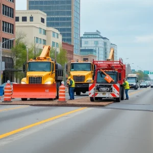 Construction workers repairing a road in Michigan.