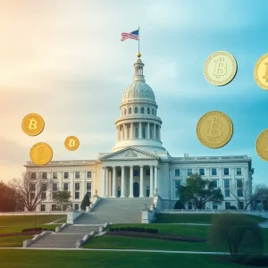 An artistic rendering of the Michigan State Capitol surrounded by symbols of various cryptocurrencies.