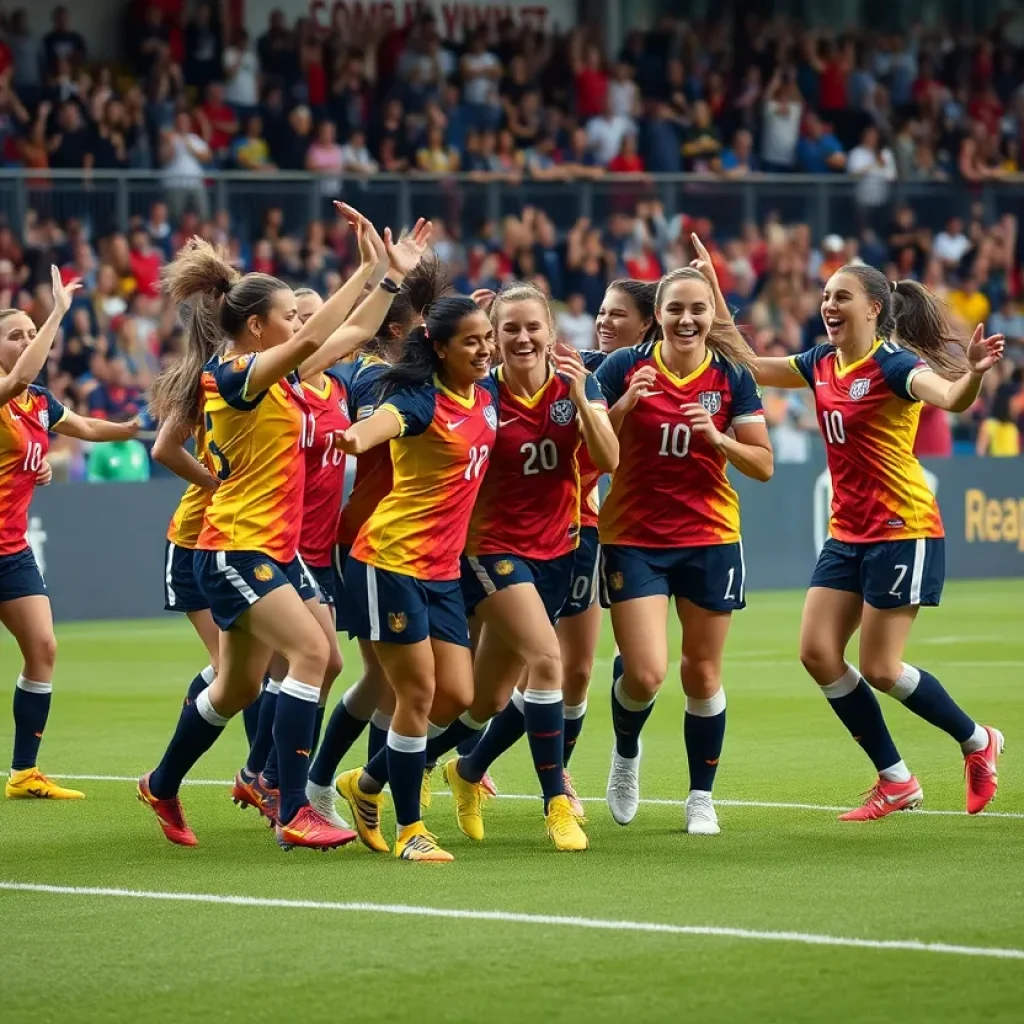 University of Michigan women's soccer team celebrating after a victory on the field.