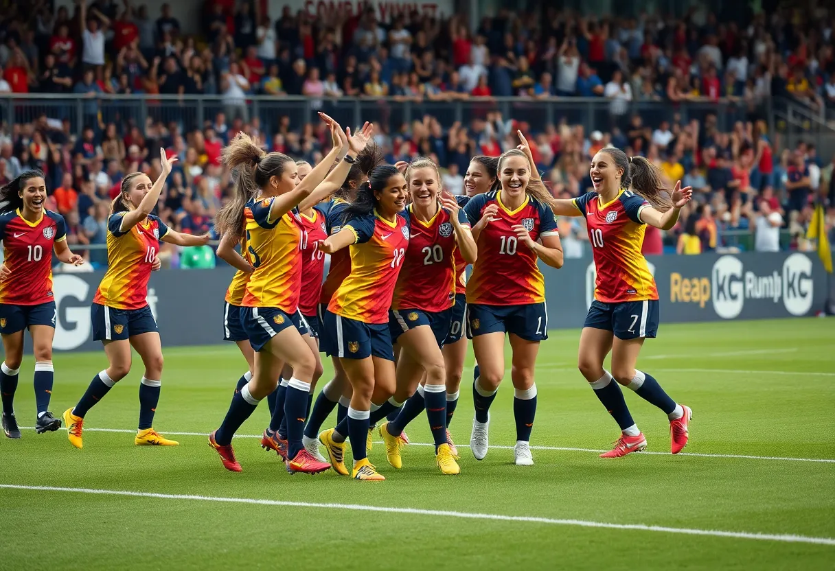 University of Michigan women's soccer team celebrating after a victory on the field.