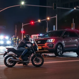 Scene of a motorcycle accident at night with emergency responders