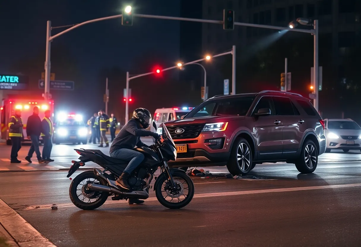 Scene of a motorcycle accident at night with emergency responders
